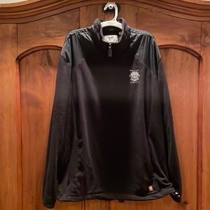 Mens black fleece quarter zip jacket. Whistling Straights logo.